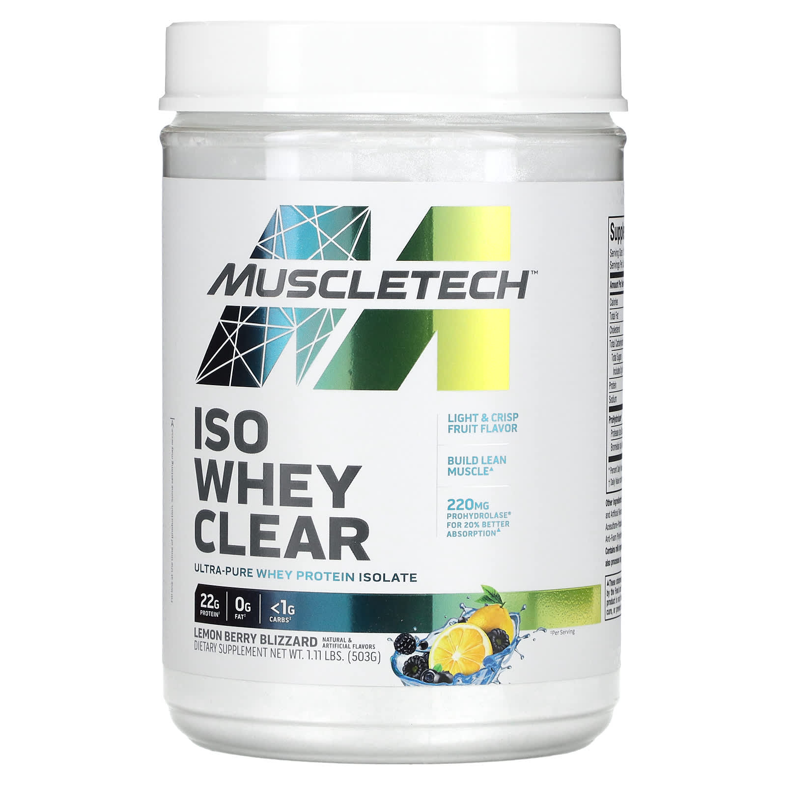 

MuscleTech, ISO Whey Clear, Ultrapure Protein Isolate, Lemon Berry Blizzard, 1.11 lbs (503 g)