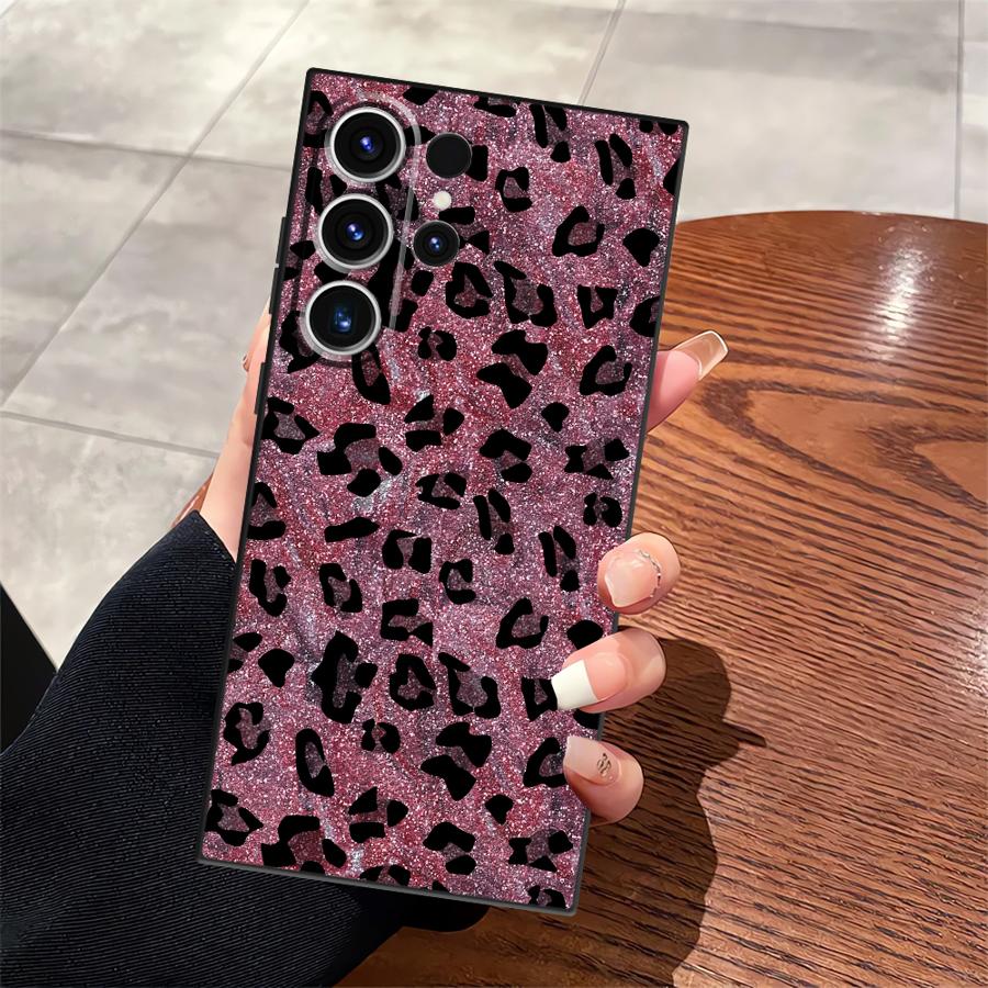 Black Soft Phone Cover Case for Samsung Galaxy S23 Ultra S25 Edge S24 Plus S20 S21 FE Cartoon Leopard Print Pattern
