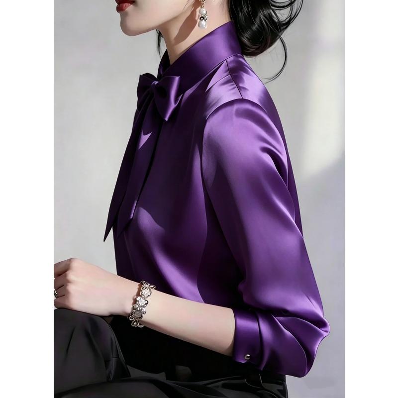 Elegant Satin Bow Tie Blouse for Women Long Sleeve Formal Office Shirt
