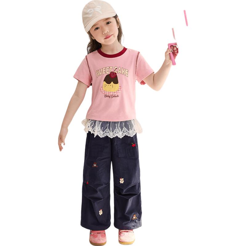 LUSON Girls' Cartoon Color-Block Short Sleeve T-Shirt