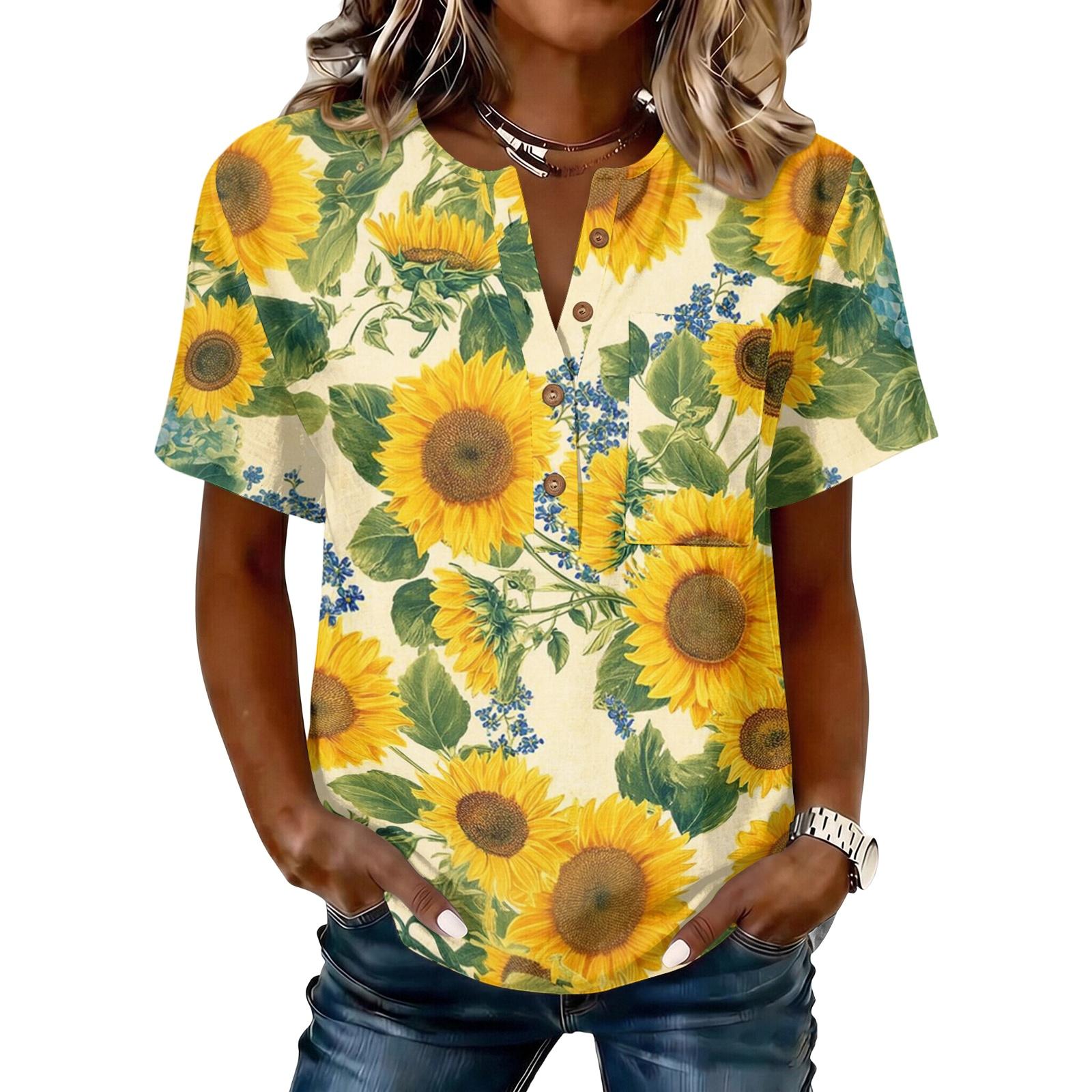 Women s Short Sleeve Shirt with Printed Pattern in Cotton Linen M