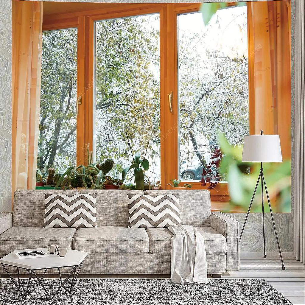 Imitation 3D Window Landscape Tapestry Wall Hanging Sunshine Beach Moonlit Night Wall Tapestry Art Home Decor Curtain Blanket