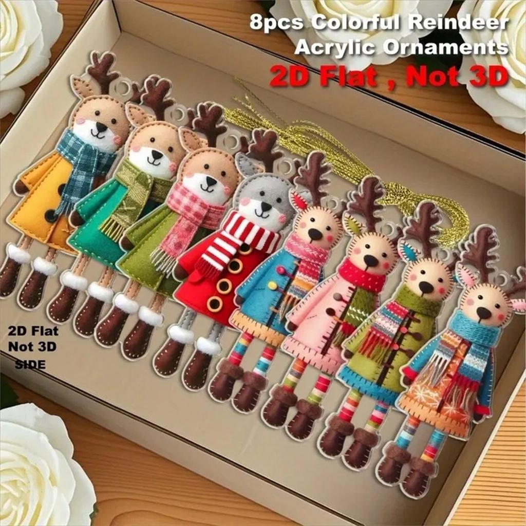 8 Stück Bunte Weihnachts-Hirsch Holzanhänger, Weihnachtsbaumschmuck Feiertags-Party Dekorationen