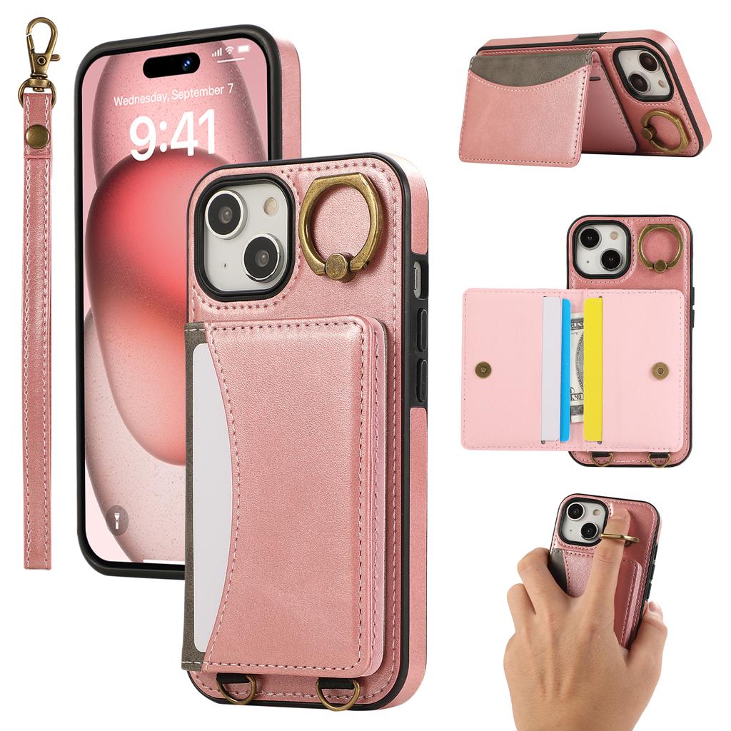 For iPhone 15 PU Leather Back Case Card Holder Kickstand Phone Cover with Wrist Strap