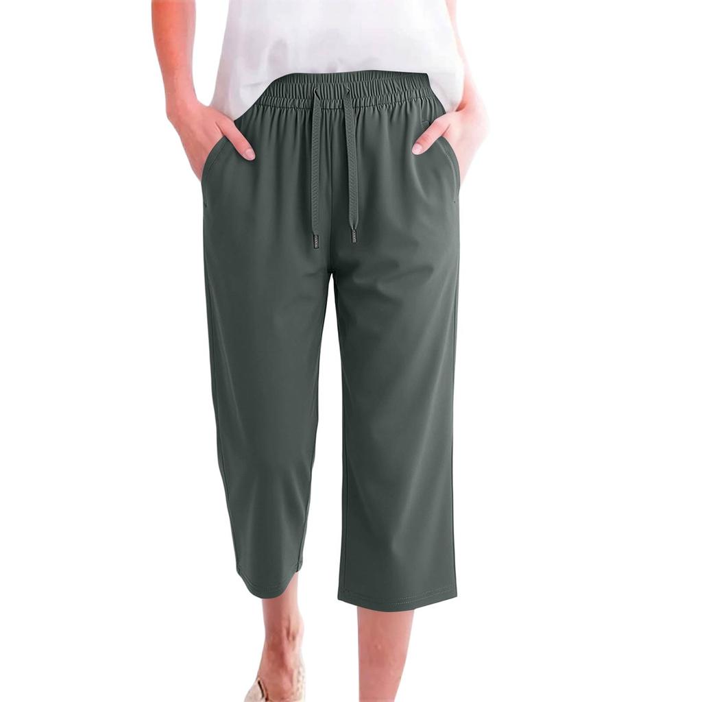 Women High Waist Wide Leg Cropped Pants with Drawstring Elastic Waistband Lightweight Breathable Quick Dry Casual Sports Trousers