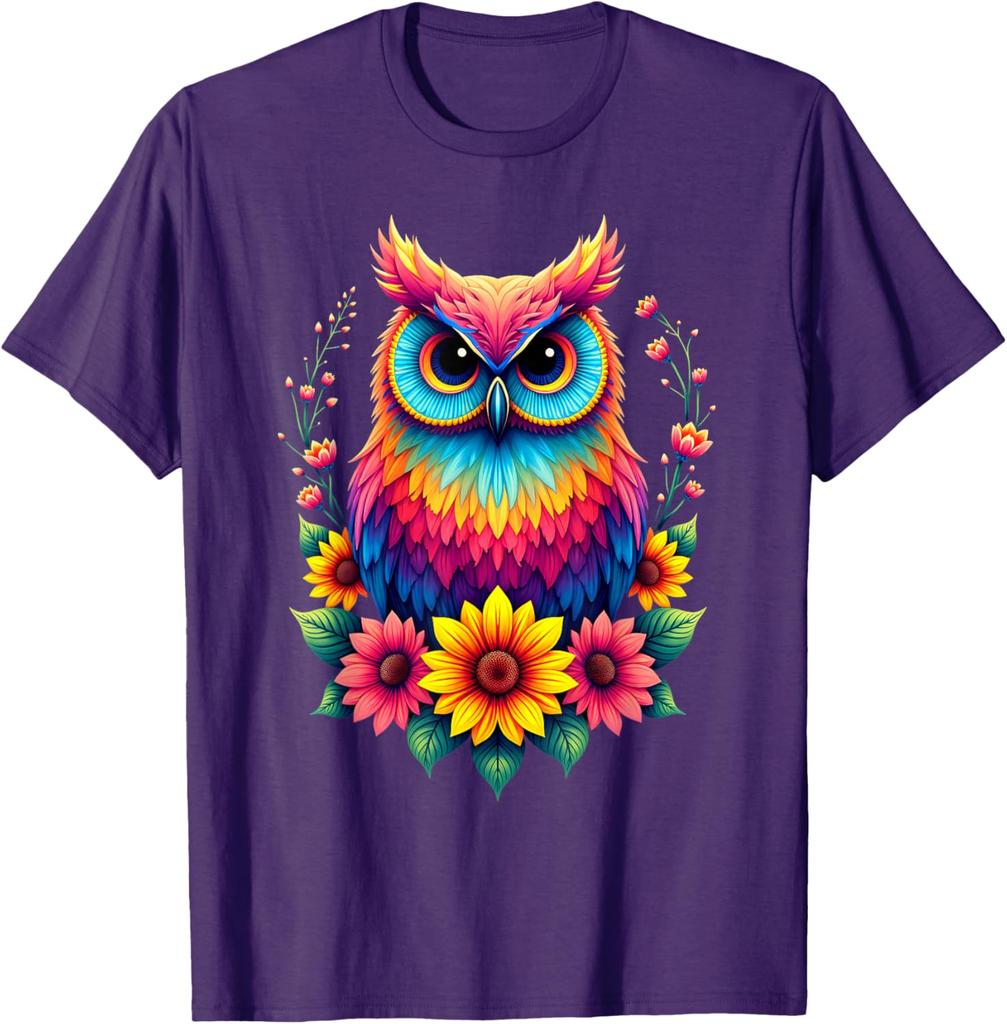 Colorful Watercolor Owl Sunflower Graphic Tee Breathable Cotton Casual Trip T-Shirt