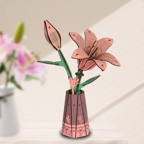 Wooden 3D Puzzle Flower DIY Handmade Potted Sunflower Lily Hydrangea Moth Orchids Bell Flower Jigsaw Decoration Floral Plants Building Crafts Kit