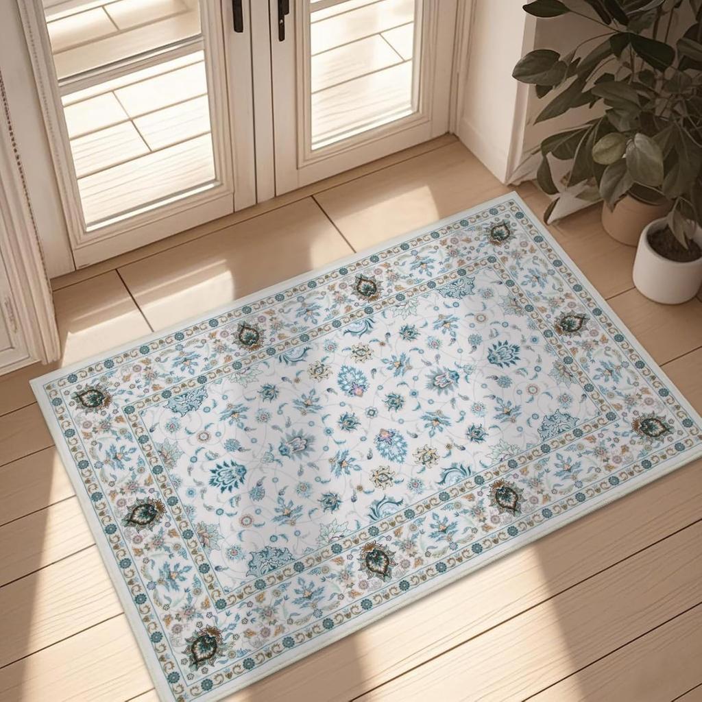 Non-Slip Boho Small Area Rugs for Entryway, Machine Washable Vintage Rug, Indoor Floral Print Carpet for Home Decor