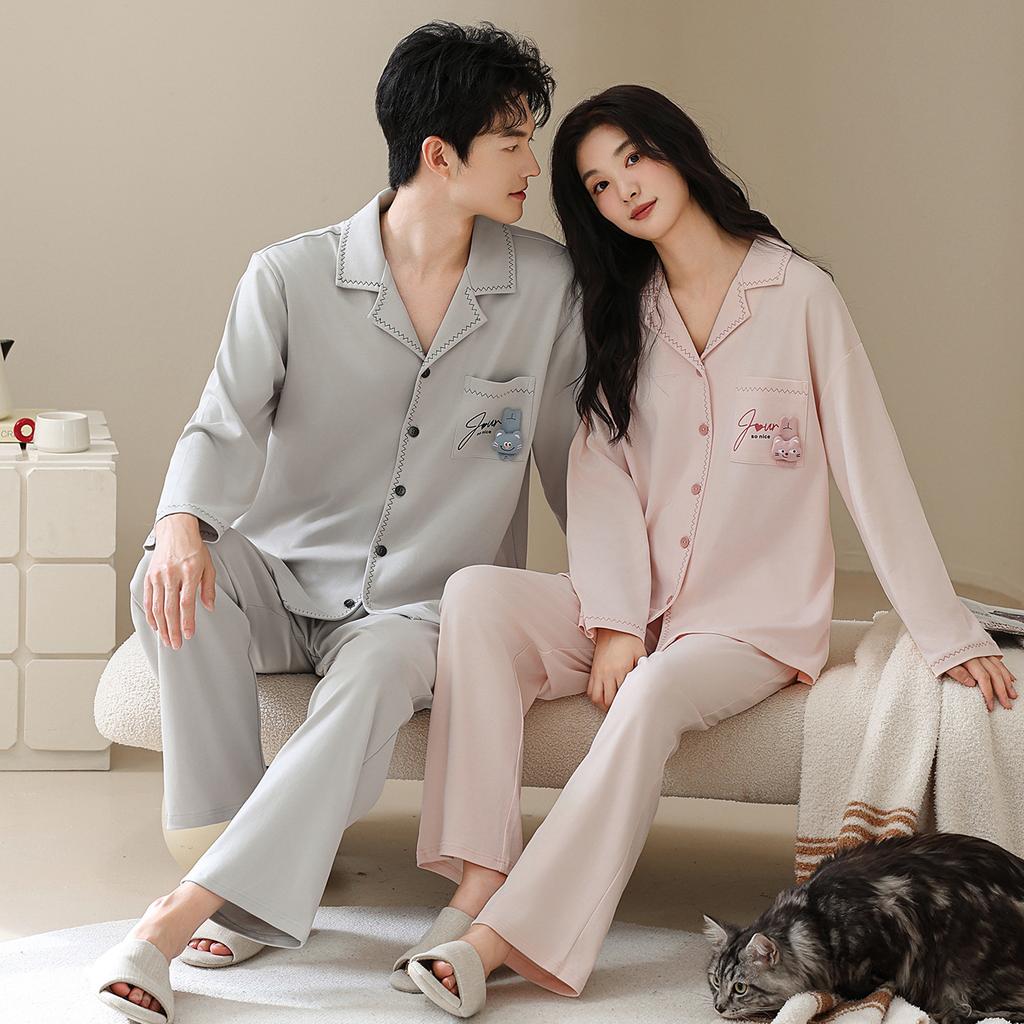[Super Soft] Tencel Cotton Couple Pajamas Spring and Autumn Lyocell Long Sleeve One Men's and One Women's Autumn Loungewear Set
