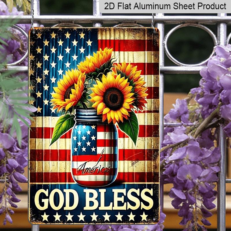 2D Flat 1pc Vintage American Flag & Sunflowers Metal Wall Decor - Rustic Farmhouse Decoration with GOD BLESS Mason Jar - Distressed Vintage Look