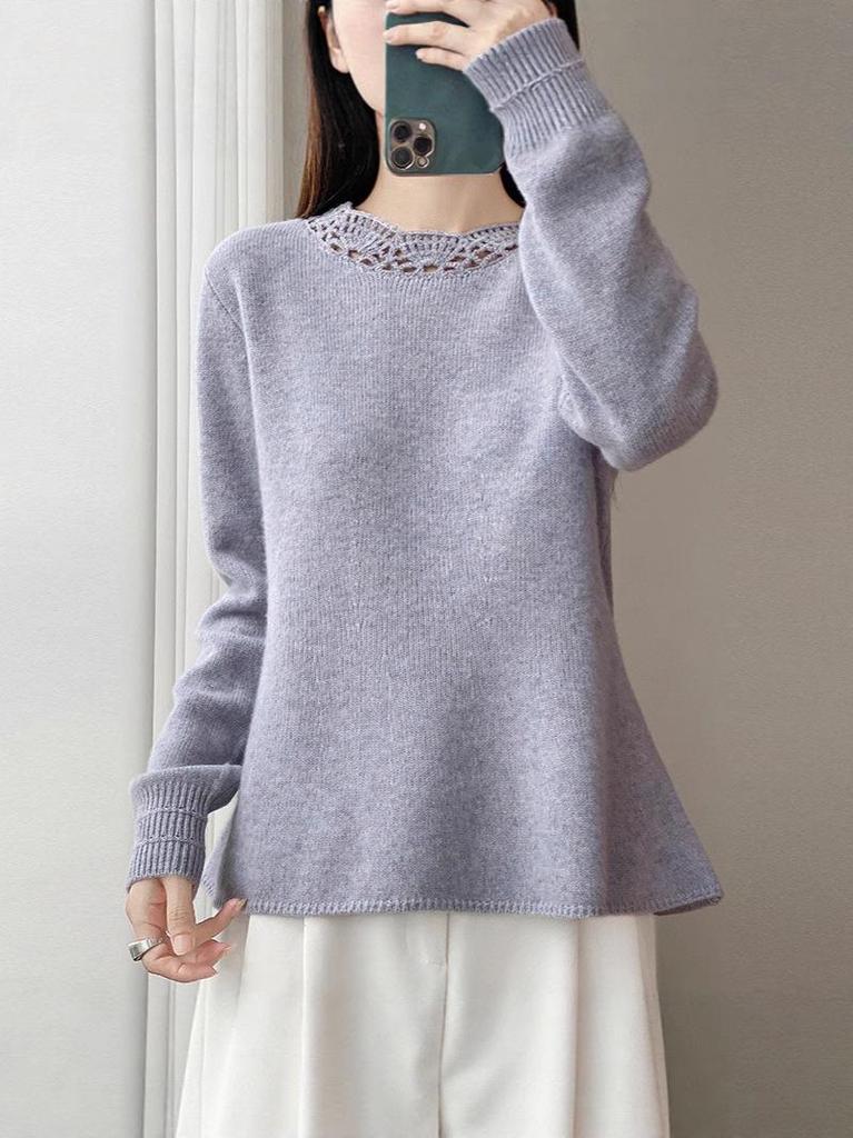 Women's 100% Mercerized Pure Wool Round Neck Pullover Sweater - Handmade Crochet Slimming Knitwear