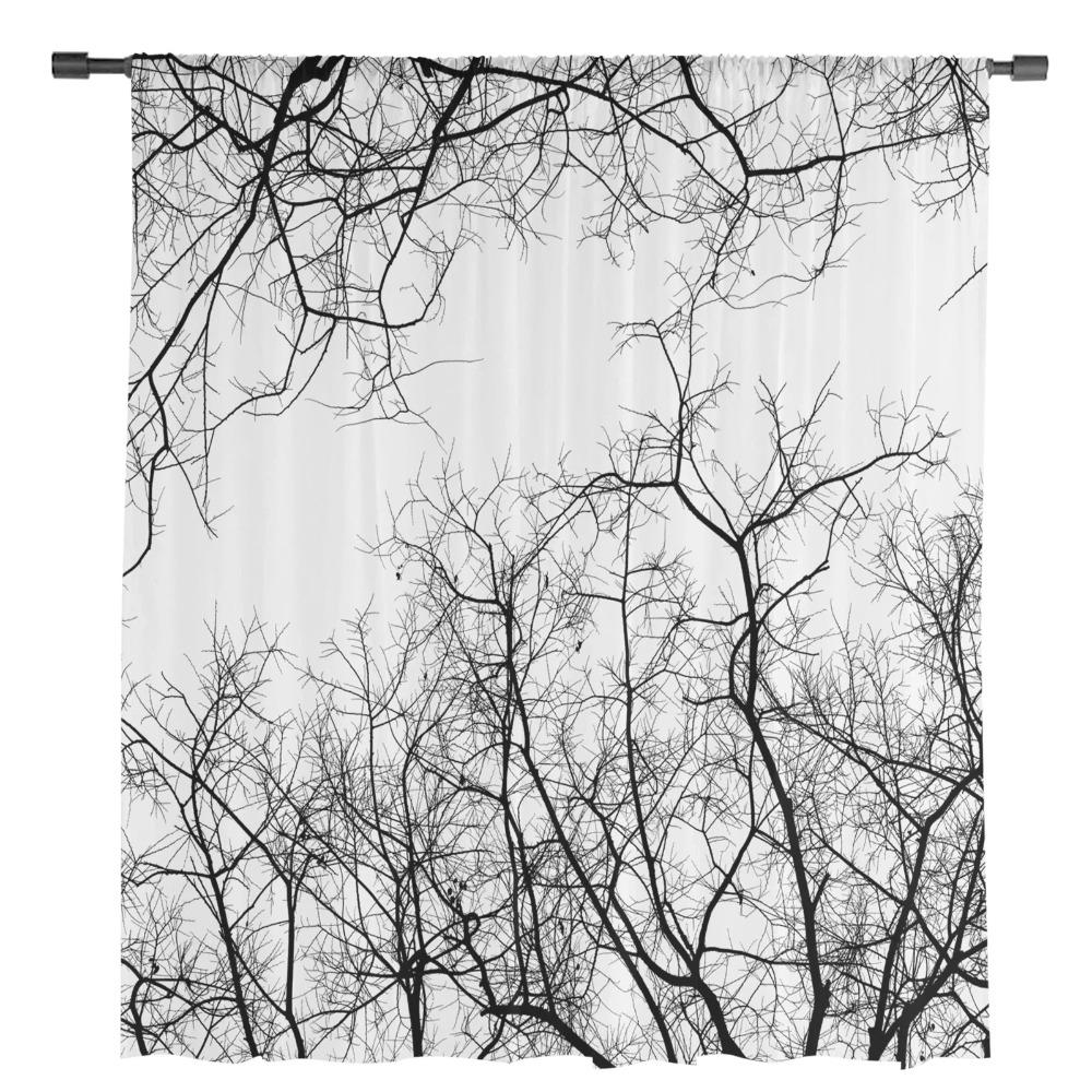 Black White Branches Sheer Curtains for Bedroom Living Room Decoration Window Curtain for Kitchen Tulle Voile Organza Drapes