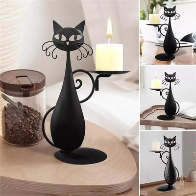 Candelabro de gato para vela de pilar, velas sin llama, candelabro de decoración de gato de metal rústico retro para centro de mesa, mesa de comedor
