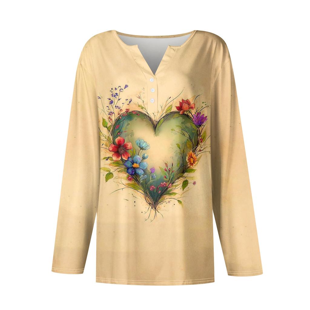 Damen T-Shirt mit V-Ausschnitt, lässig, Blumendruck, langärmelig, zum Zuknöpfen, langärmelig
