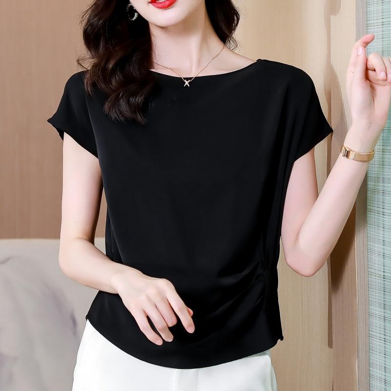 Summer Chiffon Short Sleeved Top Women's Trendy Short Sleeved Shirt Waist Cinching Stomach Covering Top Trendy Fashionable Shirts