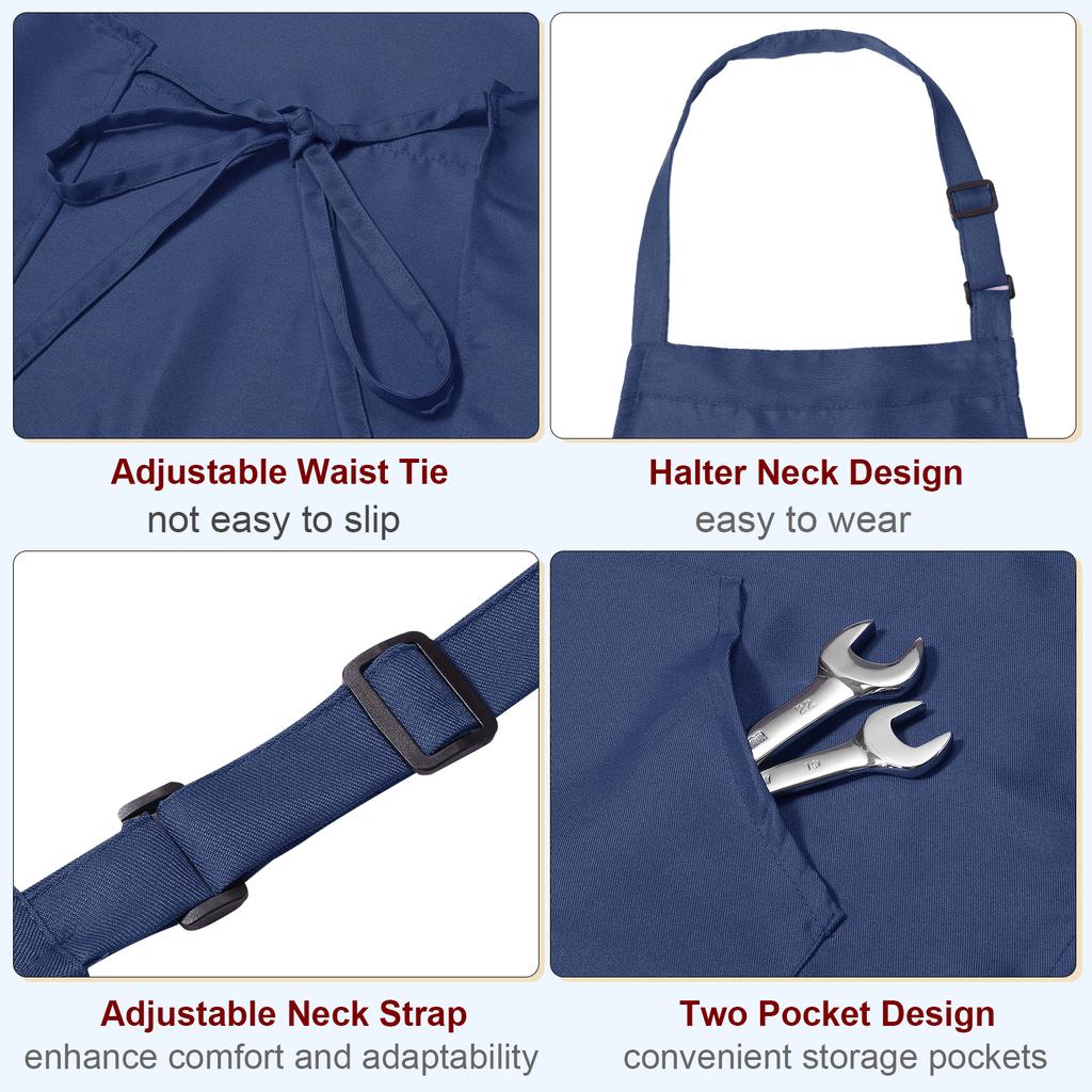 Kitchen Cooking Aprons 82x68cm Adjustable Bib Waterproof Long Ties Chef Apron with 2 Pockets for Men Women Chef, Navy Blue