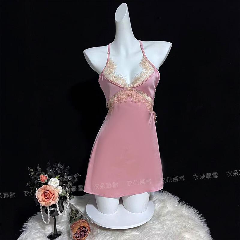 Sexy Lace Splicing Suspender Chest Pad Nightdress Summer Women's Ice Silk Pajamas Pure Desire Princess Versatile Loungewear
