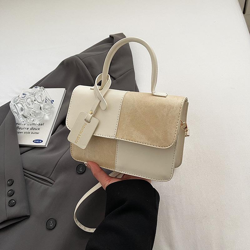 Winter new niche design contrasting color splicing portable small square bag fashionable simple retro shoulder bag