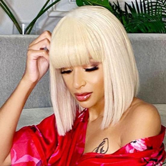 Women Short Straight Wig with Bangs Natural Silky Heat Resistant High Temperature Fiber Ladies Bobo Blonde Black Synthetic Hair