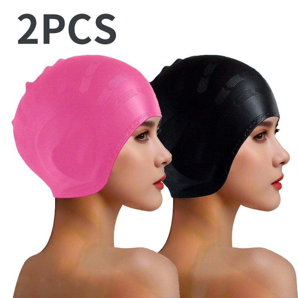 2Pcs Large Silicone Swimming Caps, Women S Long Hair Swimming Cap, Men S Ear Protection Swimming Cap, Suitable For Men S And Women S Swimming 2pcs black and pink