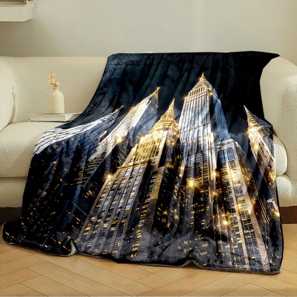 Illuminated Skyscrapers with Golden Spires Against a Starry Night Sky. for All Seasons Blanket Lunch Break Throw Gift