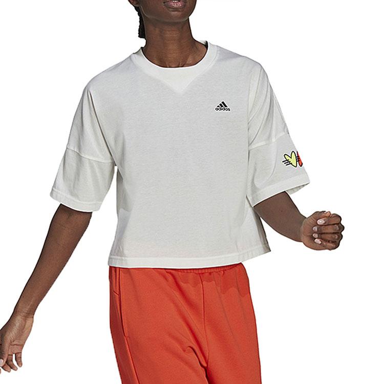 adidas Alphabet Logo Print Crop Round Neck Short Sleeve T-Shirt Damen Tops Weiß H67199