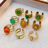 Stainless Steel Colorful Stone Opening Rings for Women Men Retro Classic Wide Gold Color Joint Rings Banquet Jewelry Accessories