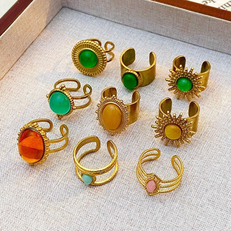 Stainless Steel Colorful Stone Opening Rings for Women Men Retro Classic Wide Gold Color Joint Rings Banquet Jewelry Accessories