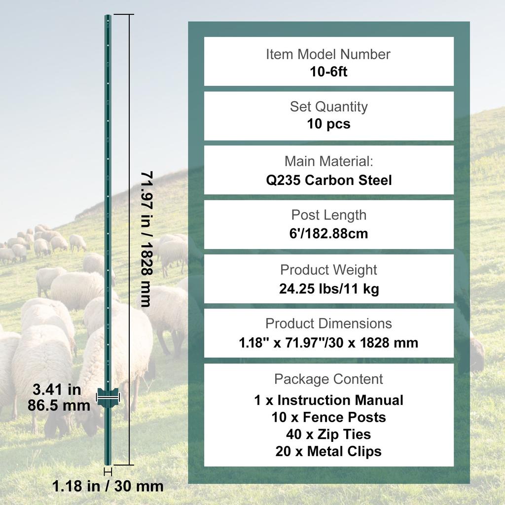 VEVOR 182.9 cm Fence Post 10 Pack Heavy Duty Metal Fence Posts Green