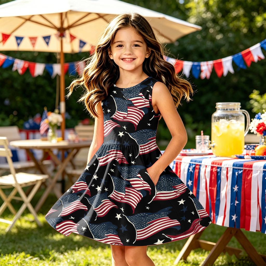 Girls Sleeveless Dress Independence Day Patchwork Pattern Casual A-Line Dress Summer Kids Party Dress