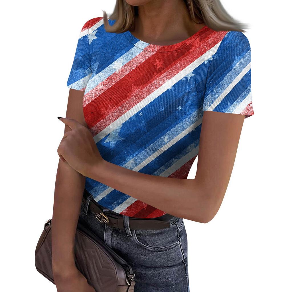Damen Lässiges Mode-Oberteil mit Rundhalsausschnitt, Unabhängigkeitstag-Print, Kurzarm, Gerippt