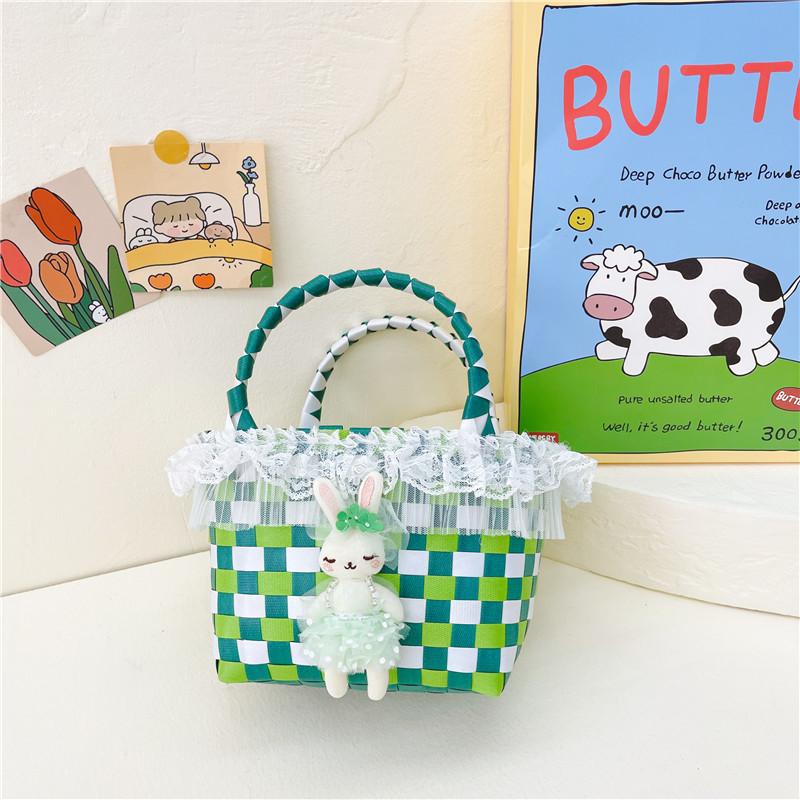 

Cute Girls Summer Beach Bag Adorable Rabbit Themed Handwoven Tote For Kids Dark Green