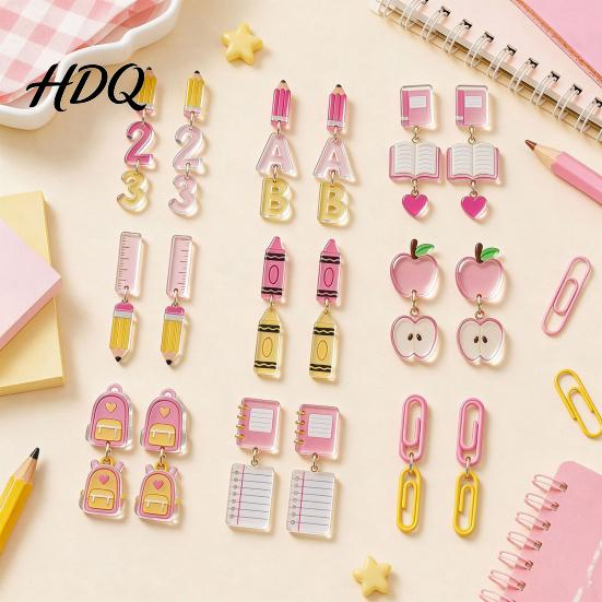 Youthful Look Fashion Accessories 1 Pair Teacher Earrings for Women Cute 2D Acrylic Crayon Pencil Backpack Stationery Themed Jewelry Teachers Number