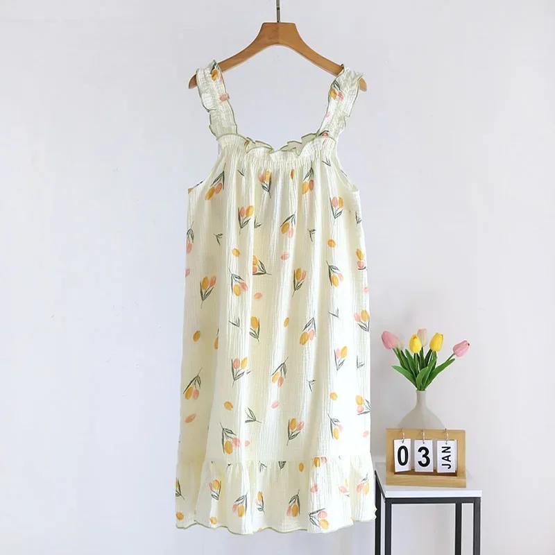 

Женская летняя хлопковая пряжа из чистого хлопка, тонкая ночная рубашка на подтяжках, свободная, средней длины, милое и милое длинное домашнее платье, сексуальная майка M