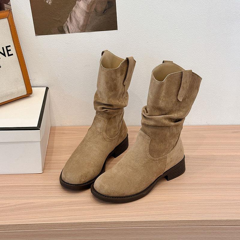 Boots Women's Autumn New Coarse Heel Suede Folded Western Cowboy Short Boots Retro Skinny Boots Pile Boots