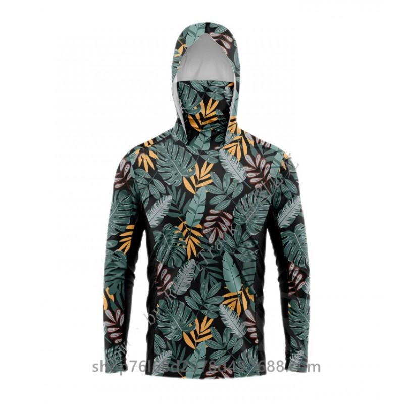 Mens Quick-Dry Ice Silk Long Sleeve Fishing Shirt With Hood Integrated Face Cover Camo Outdoor Performance Top