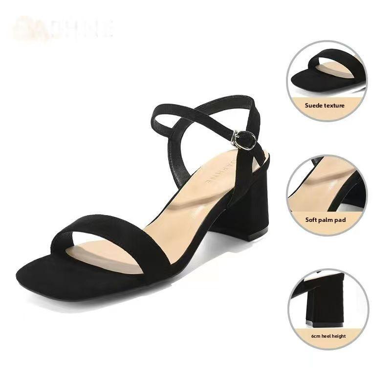 Wearing One-piece Sandals for Women In The Summer of 2026, with Black Suede, Thick Heels, and High Heels for Children