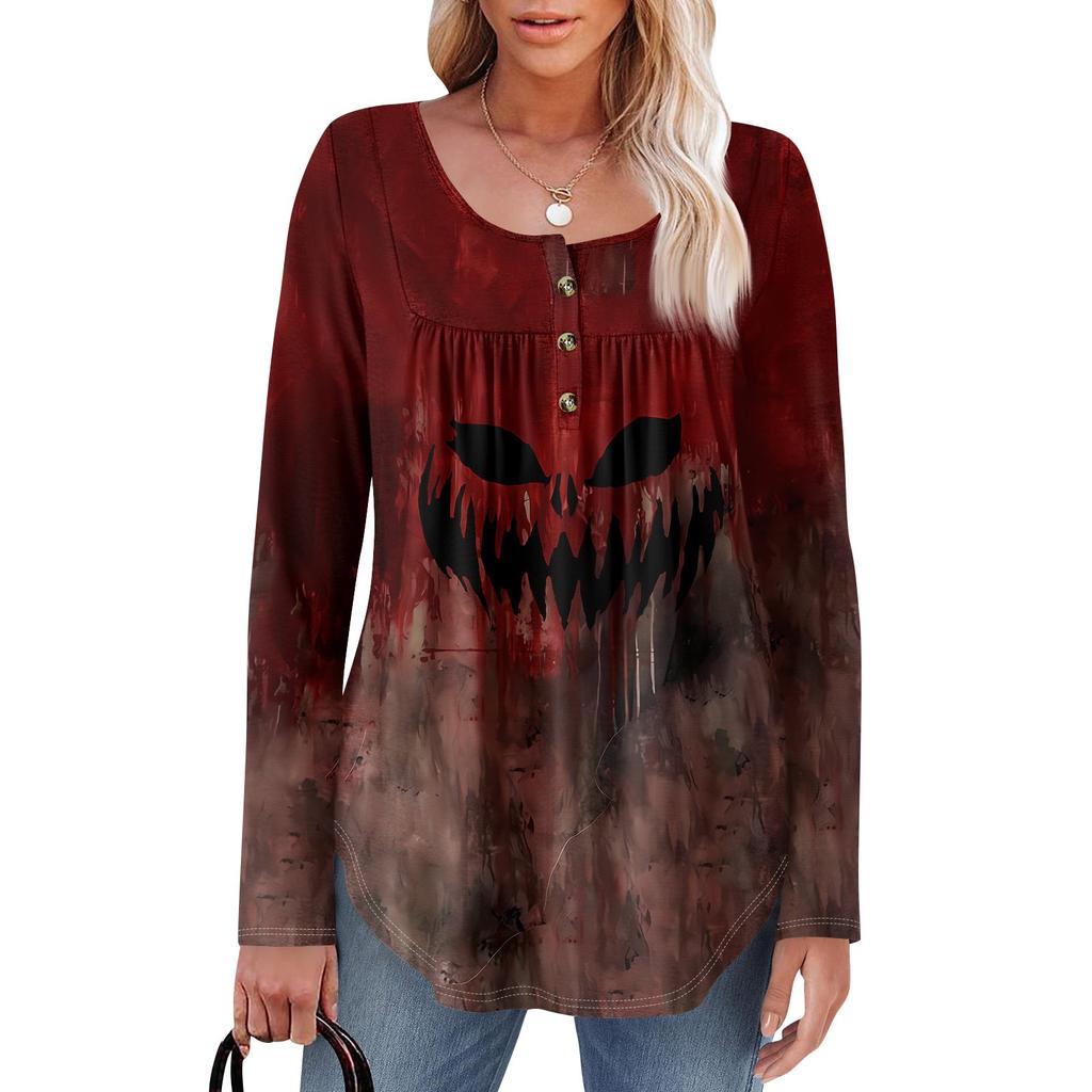 Dam Tunika Långärmad Lös Toppar Casual Oversized Toppar Plisserad Tunika Knäppning Casual Dam Tryckta Toppar