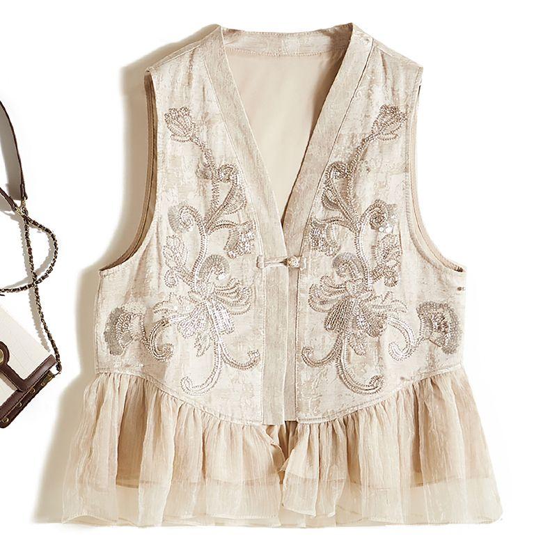 

Chinese Ethnic Style Positioning Embroidery Beads Flower Clusters! Women Deep V-neck Fake Two-Piece Poplin Yarn Patchwork Rayon Cotton Vest New White L