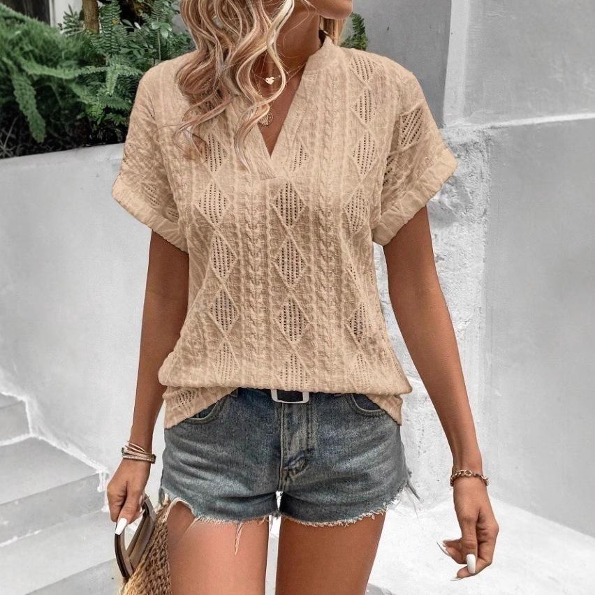 Women White Diamond Knit Hollow Out Short Sleeve Slim Fitted T-Shirt