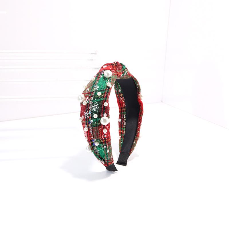 Retro Christmas Pearl & Rhinestone Plaid Knotted Snowflake Headband Accessories