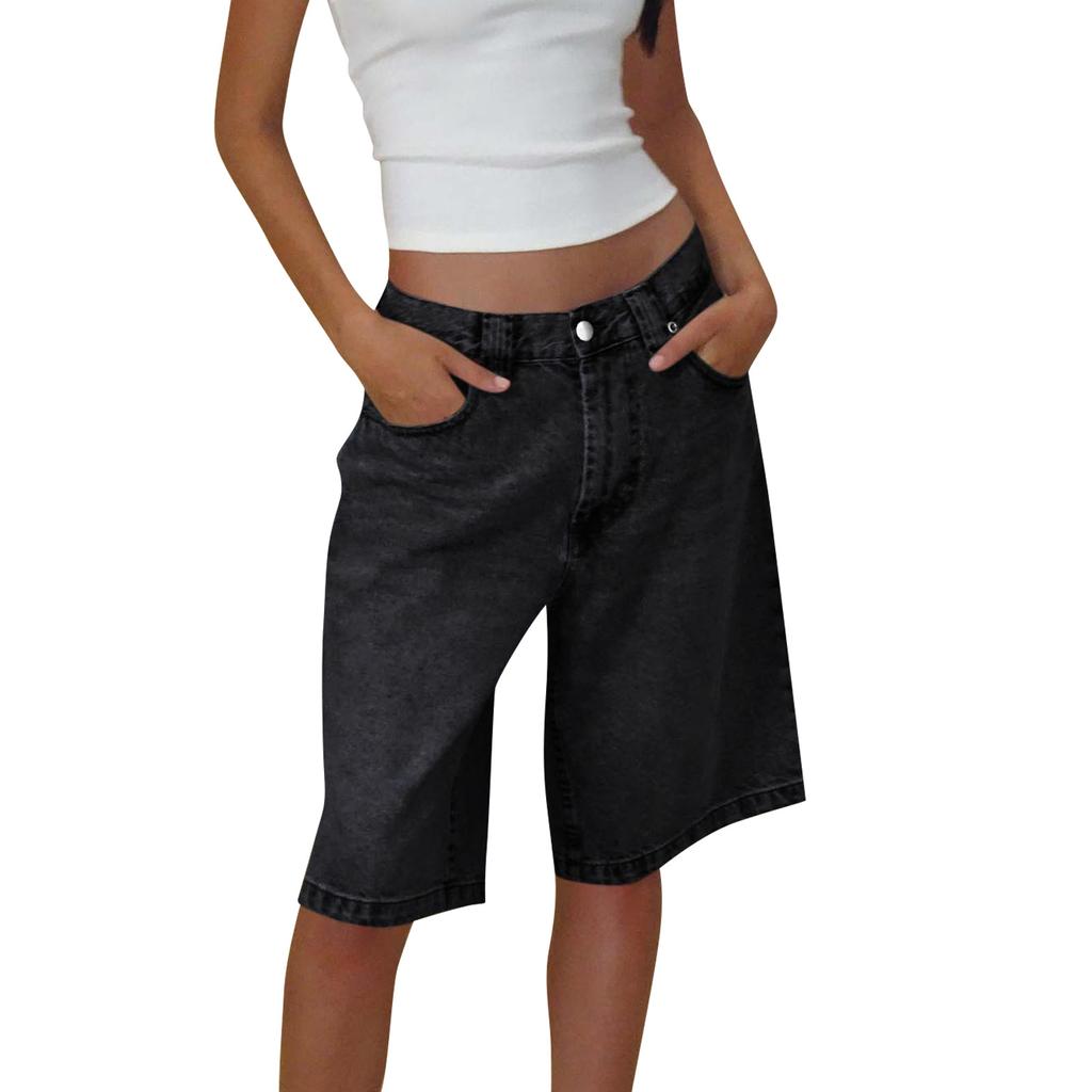 Women Jean High Waisted Trendy Patch Pockets Casual Summer Button Fly Denim Knee Length
