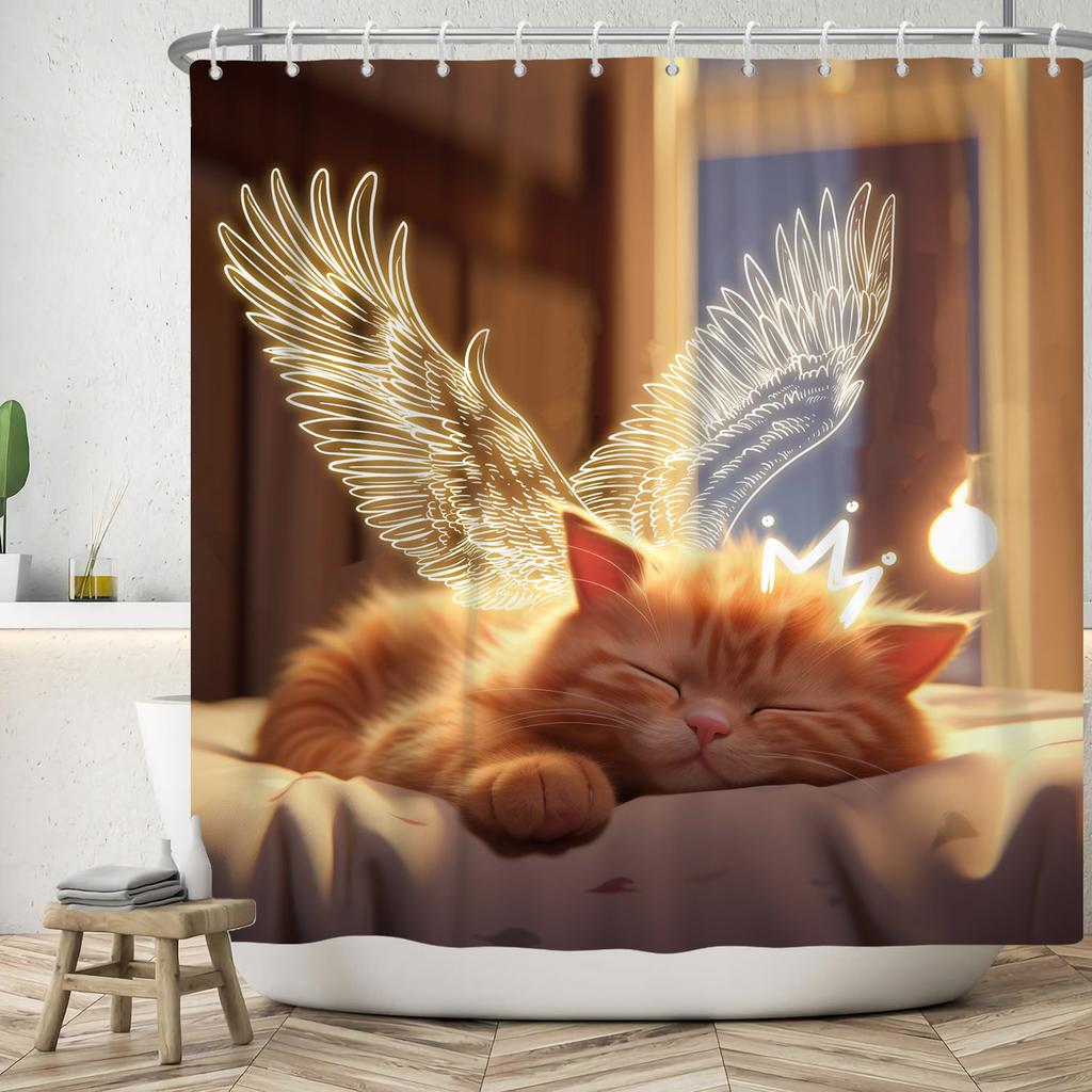 Funny Shower Curtains Cat Riding Shark Ocean Birds Sea Waves Cool Fun Bath Curtain Polyester Fabric Kids Bathroom Decor