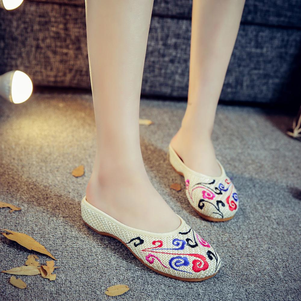 Floral Embroidered Summer Flat Slippers for Women