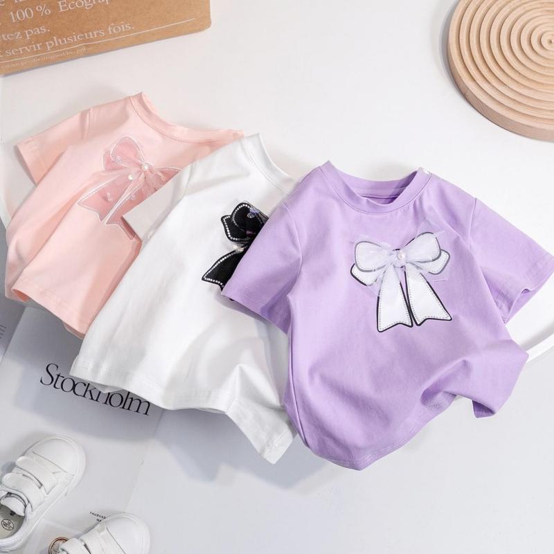 Girls Summer Thin Short Sleeved Candy Colored Simple Cotton Mesh Bow Children's Short Sleeved Sweet T-shirts Baby Princess Tops