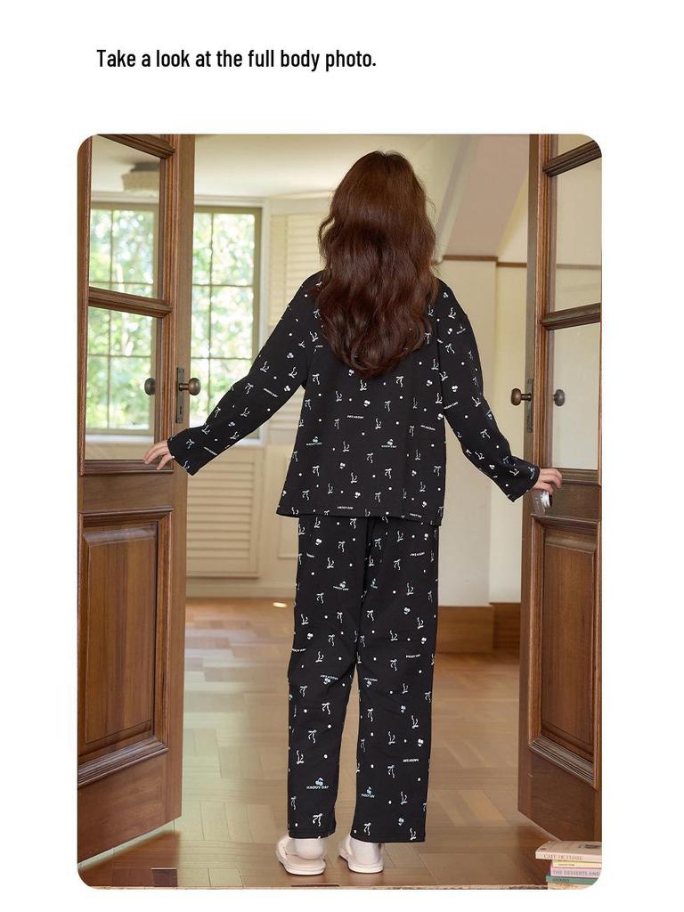 Women's Long Sleeve Cotton Kimono Pajamas with Chest Pads - Cute Cartoon V-Neck Set for Spring and Autumn