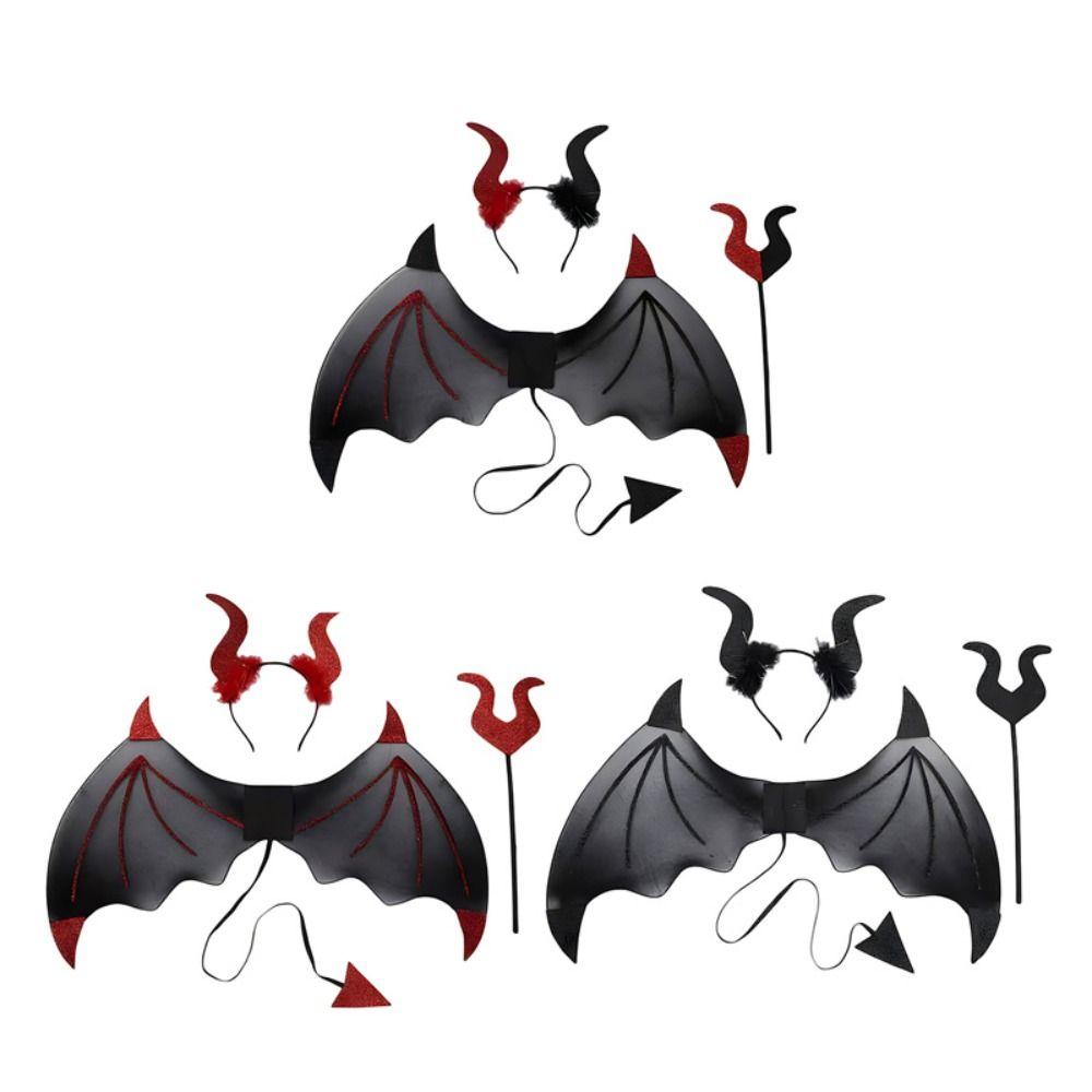 Devil Halloween Costume Cosplay Props Realistic Demon Horn Hair Band Bat Wings with Tail  Kids