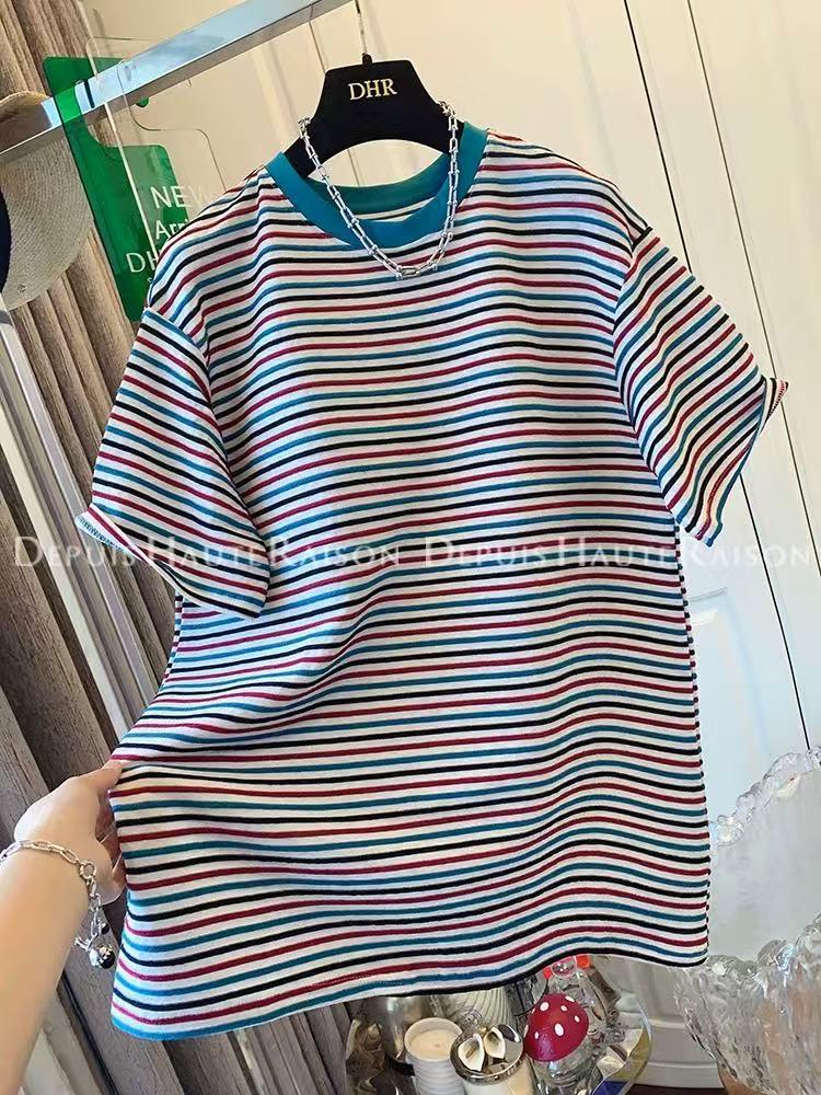 

Женская ретро-шикарная полосатая футболка с коротким рукавом: Большой размер, летний стиль, омолаживающий, универсальный, прямой крой плеча XL зелёный