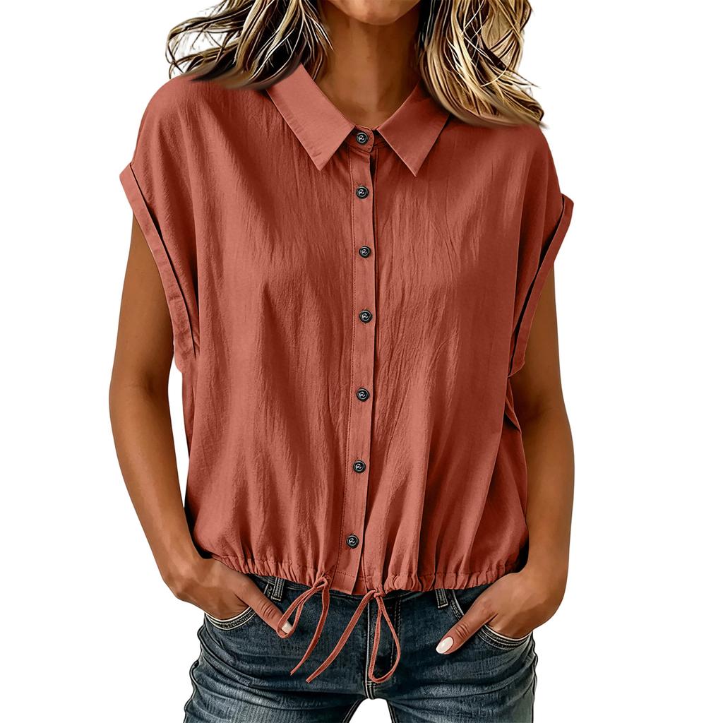 Camicia Casual da Donna a Bottoni Manica Corta Orlo con Coulisse Vestibilità Rilassata Top Leggero per l'Uso Quotidiano