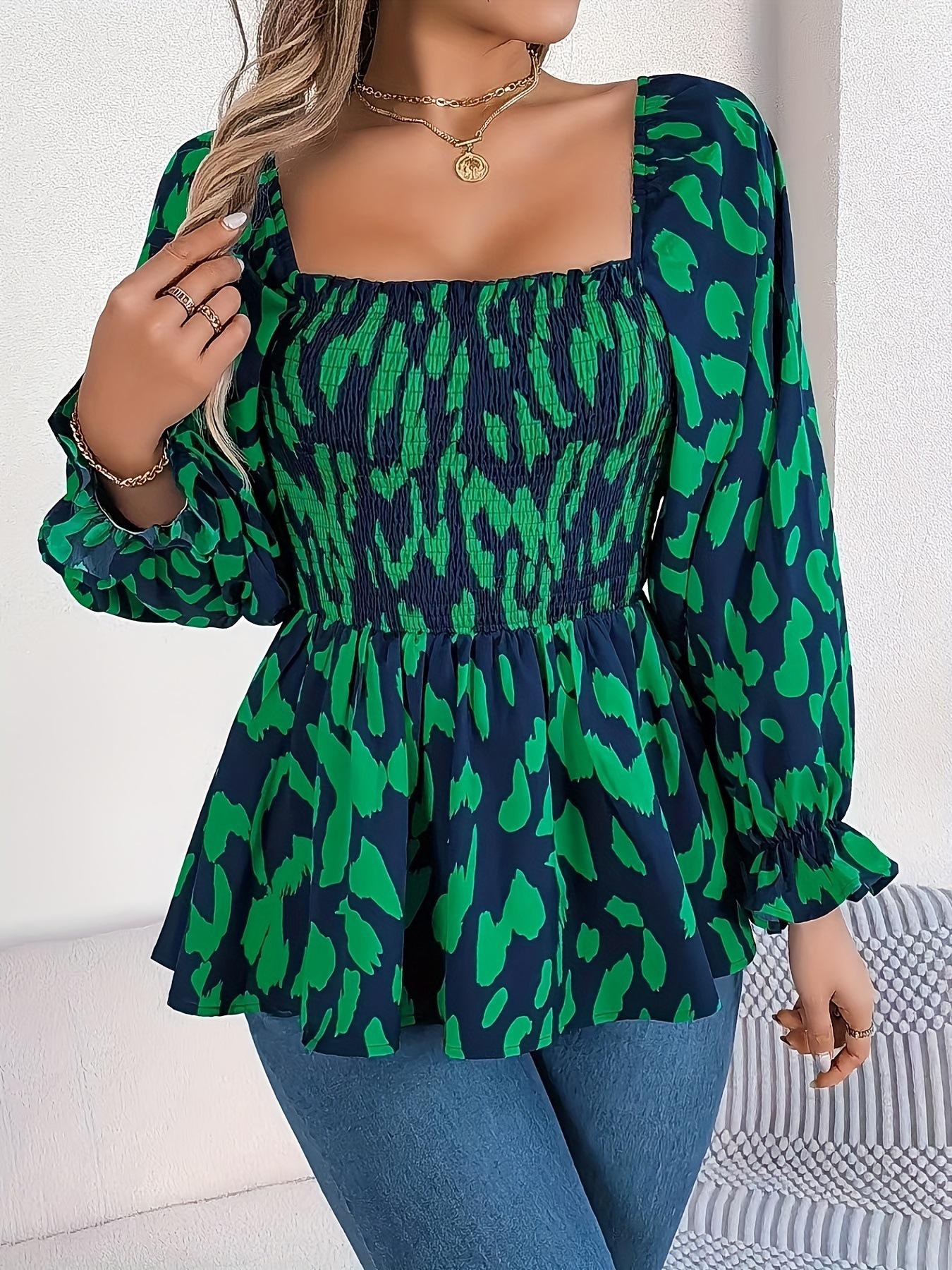 2025 Women s Casual Elegant Leopard Print Square Neck Long Sleeve Chiffon Blouse 5XL темно-зеленого